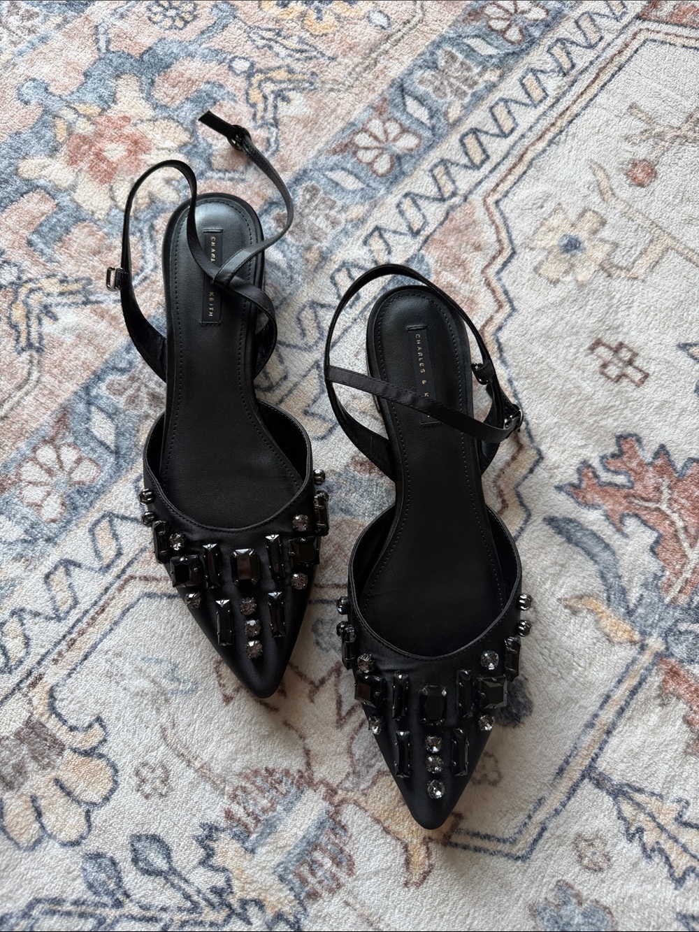 Charles & Keith Black Jeweled Pointed Slingback Flats